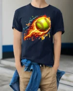 Flaming Softball Splash Art Sports Graphic T-Shirt - model wearing navy shirt, hands in pockets