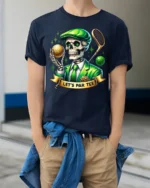 Skeleton Golf Par Tee Funny Graphic T-Shirt - model wearing navy shirt, hands in pockets