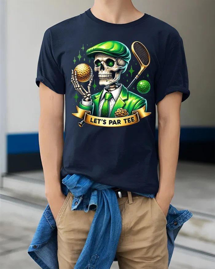 Skeleton Golf Par Tee Funny Graphic T-Shirt - model wearing navy shirt, hands in pockets