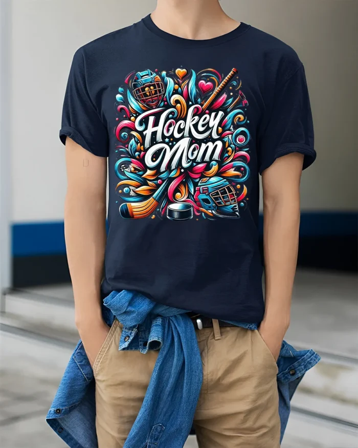 Colorful Hockey Mom Sports Graphic Print T-Shirt - model wearing navy shirt, hands in pockets