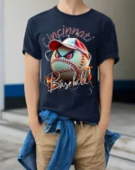 Cincinnati Baseball Angry Ball Graphic T-Shirt - model wearing navy shirt, hands in pockets