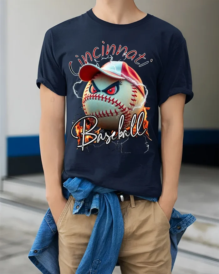 Cincinnati Baseball Angry Ball Graphic T-Shirt - model wearing navy shirt, hands in pockets