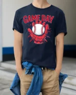 Game Day Baseball Glove and Ball Graphic T-Shirt - model wearing navy shirt, hands in pockets