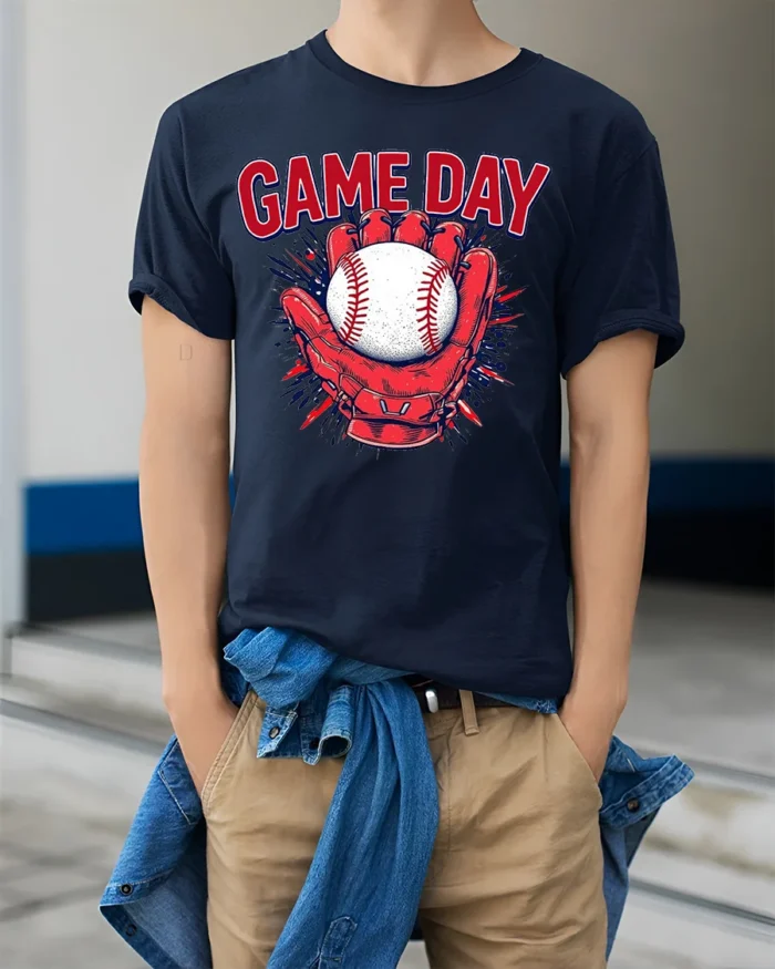 Game Day Baseball Glove and Ball Graphic T-Shirt - model wearing navy shirt, hands in pockets
