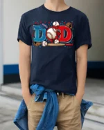 Baseball Dad Sports Glove and Bat Graphic T-Shirt - model wearing navy shirt, hands in pockets
