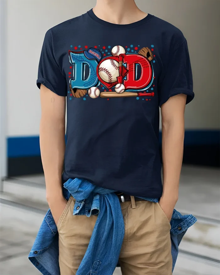 Baseball Dad Sports Glove and Bat Graphic T-Shirt - model wearing navy shirt, hands in pockets