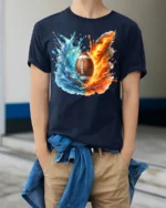 Fire and Water Football Splash Art Graphic T-Shirt - model wearing navy shirt, hands in pockets