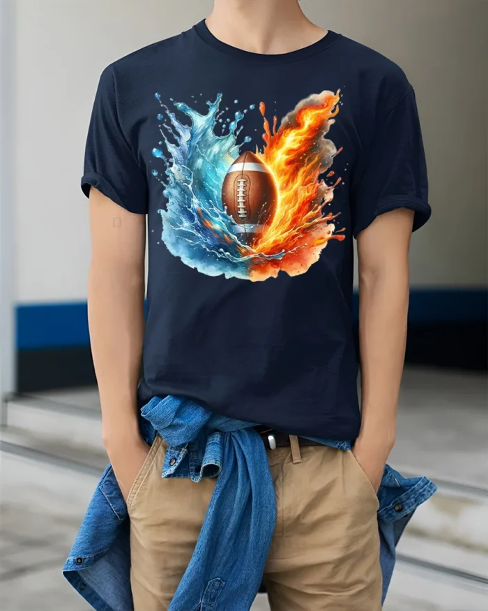 Fire and Water Football Splash Art Graphic T-Shirt - model wearing navy shirt, hands in pockets