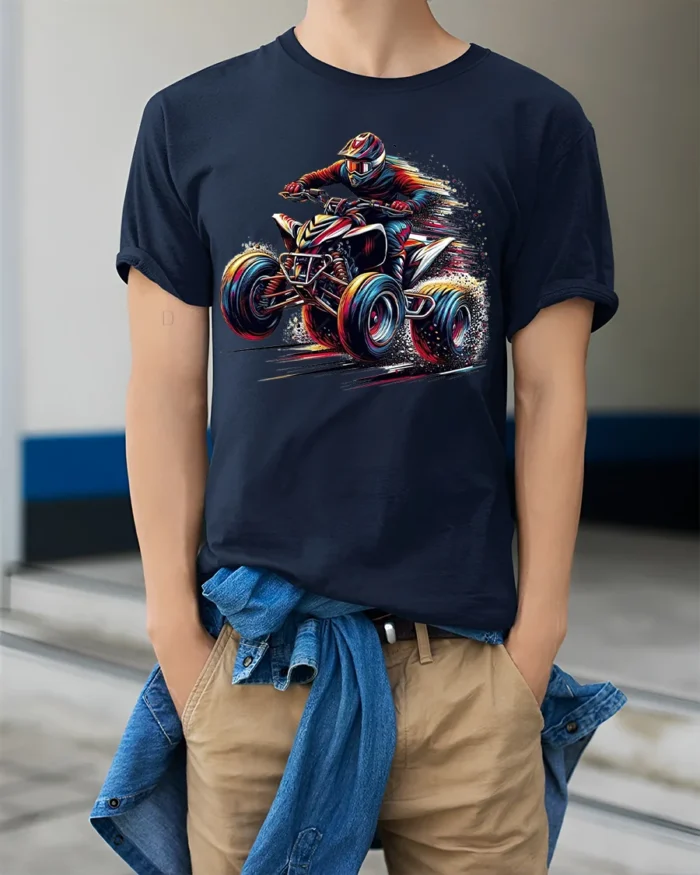 Extreme ATV Rider Off Road Racing Graphic T-Shirt - model wearing navy shirt, hands in pockets