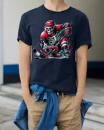 Skeleton Hockey Player Red Uniform Graphic T-Shirt - model wearing navy shirt, hands in pockets