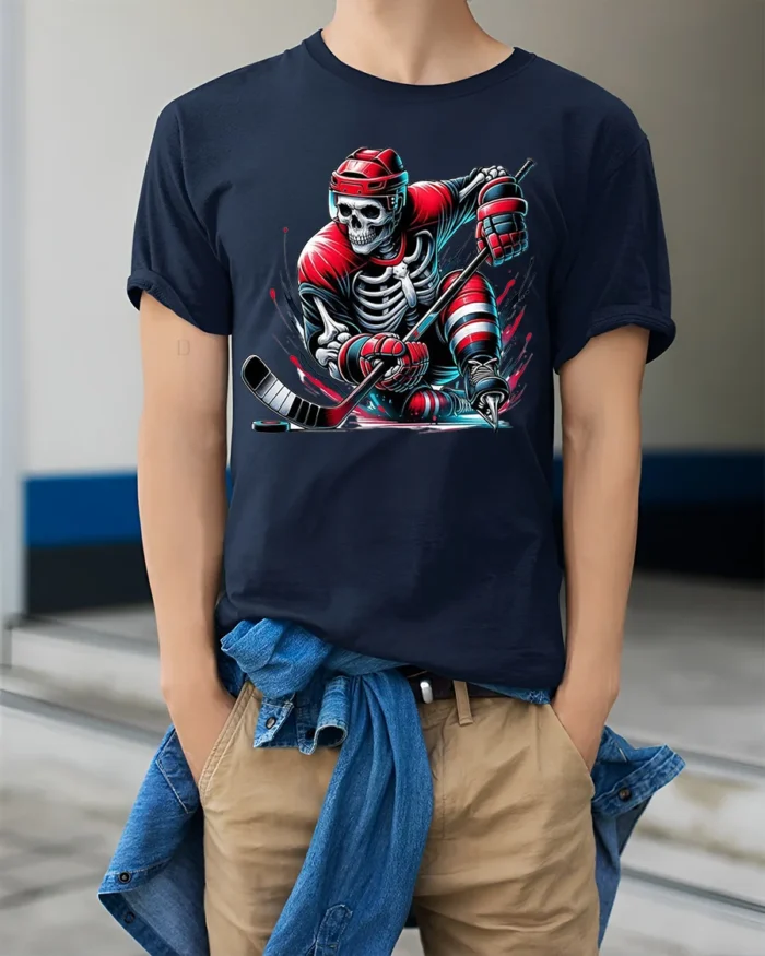 Skeleton Hockey Player Red Uniform Graphic T-Shirt - model wearing navy shirt, hands in pockets