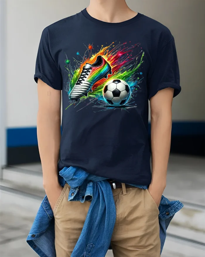 Colorful Soccer Shoe and Ball Splash Graphic T-Shirt - model wearing navy shirt, hands in pockets