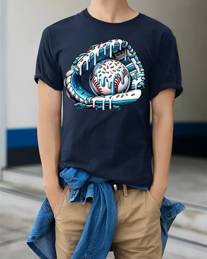 Ice Cream Baseball Glove and Ball Funny T-Shirt - model wearing navy shirt, hands in pockets