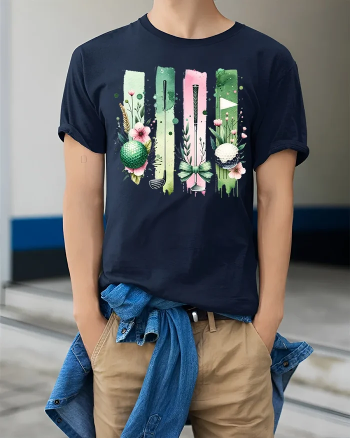 Floral Golf Ball and Club Art Graphic T-Shirt - model wearing navy shirt, hands in pockets