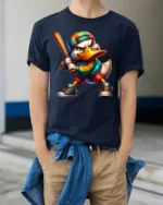 Cool Cartoon Duck Baseball Bat Graphic T-Shirt - model wearing navy shirt, hands in pockets