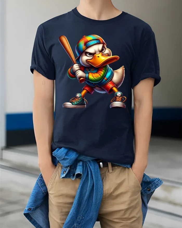 Cool Cartoon Duck Baseball Bat Graphic T-Shirt - model wearing navy shirt, hands in pockets