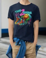 Colorful Basketball Shoes and Ball Graphic T-Shirt - model wearing navy shirt, hands in pockets