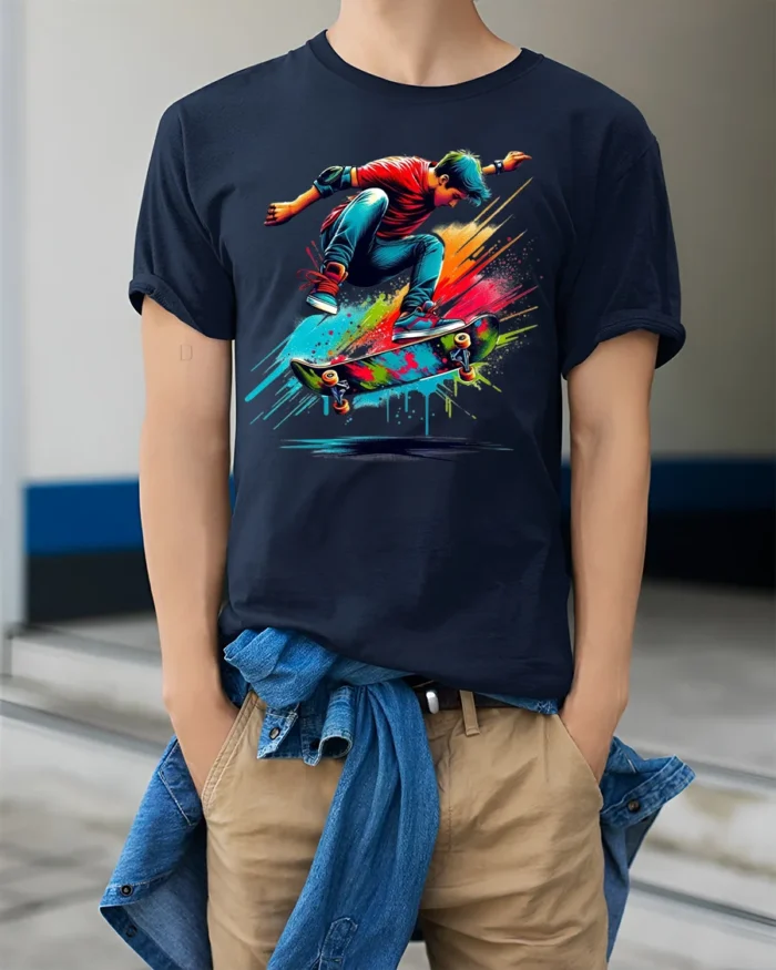 Colorful Skateboard Trick Splash Art Graphic T-Shirt - model wearing navy shirt, hands in pockets