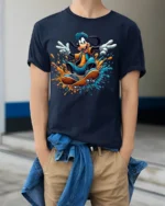 Cool Cartoon Dog Skateboard Splash Graphic T-Shirt - model wearing navy shirt, hands in pockets