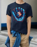Patriotic Baseball Glove and Ball Graphic T-Shirt - model wearing navy shirt, hands in pockets