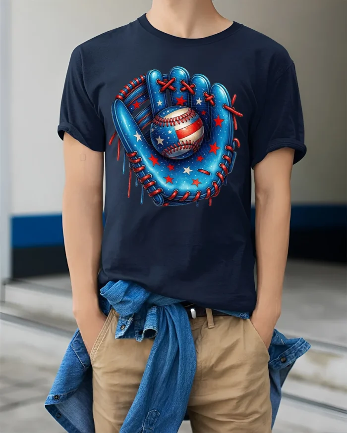 Patriotic Baseball Glove and Ball Graphic T-Shirt - model wearing navy shirt, hands in pockets