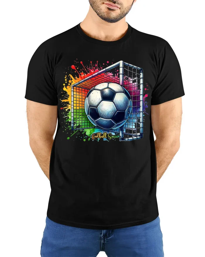Colorful Soccer Goal Graphic T-Shirt for Fans - model wearing black shirt, hands behind back