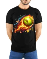 Flaming Softball Splash Art Sports Graphic T-Shirt - model wearing black shirt, hands behind back