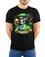 Skeleton Golf Par Tee Funny Graphic T-Shirt - model wearing black shirt, hands behind back