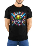 Funny Softball Pitch Slapped Graphic T-Shirt - model wearing black shirt, hands behind back