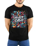 Colorful Hockey Mom Sports Graphic Print T-Shirt - model wearing black shirt, hands behind back