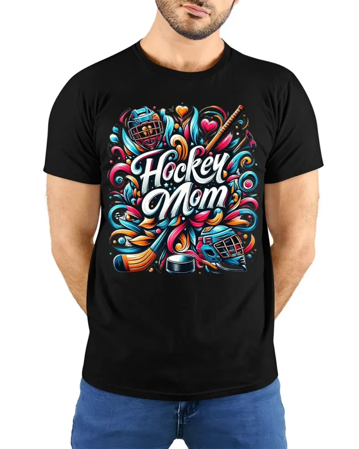 Colorful Hockey Mom Sports Graphic Print T-Shirt - model wearing black shirt, hands behind back