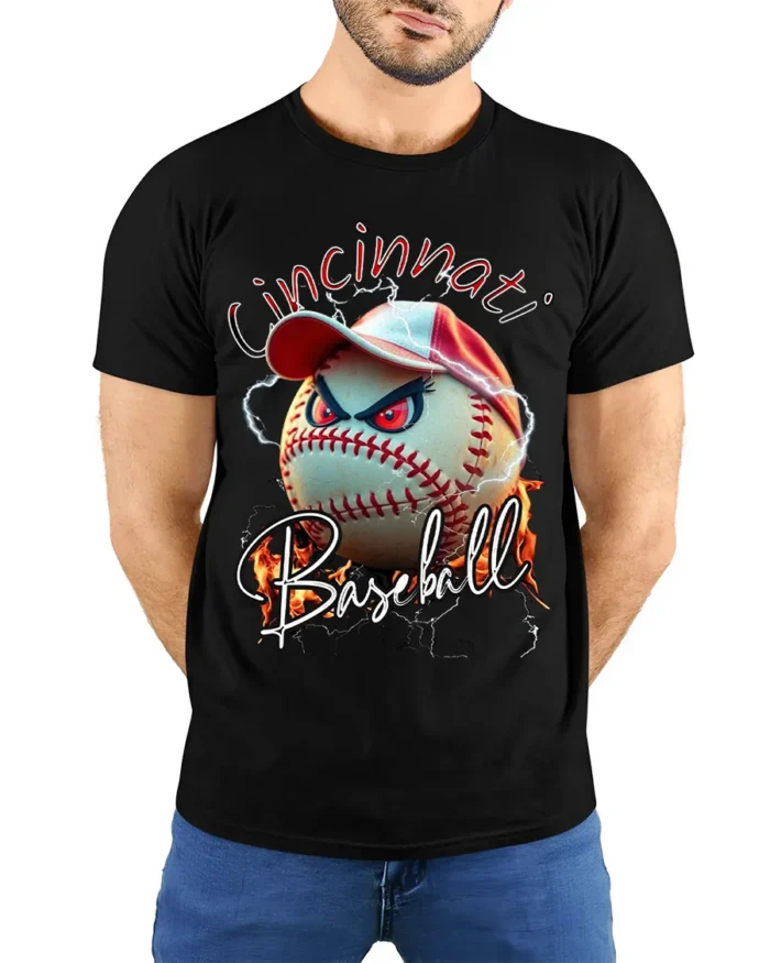 Cincinnati Baseball Angry Ball Graphic T-Shirt - model wearing black shirt, hands behind back