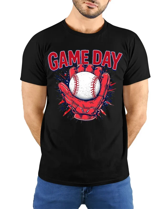 Game Day Baseball Glove and Ball Graphic T-Shirt - model wearing black shirt, hands behind back