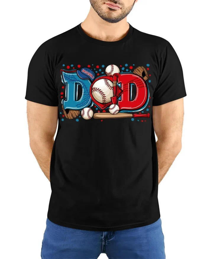 Baseball Dad Sports Glove and Bat Graphic T-Shirt - model wearing black shirt, hands behind back