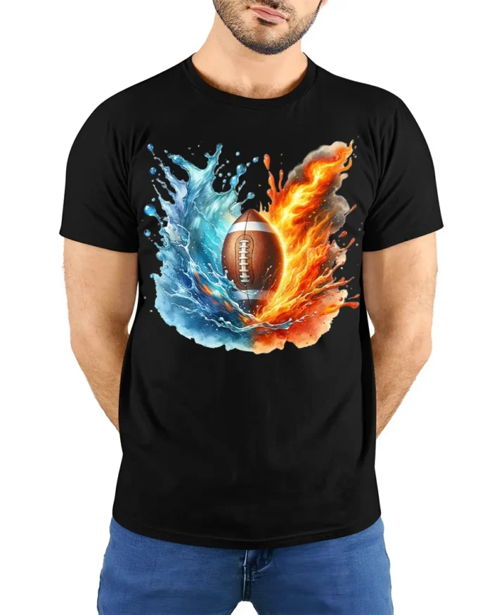 Fire and Water Football Splash Art Graphic T-Shirt - model wearing black shirt, hands behind back
