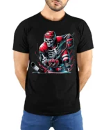 Skeleton Hockey Player Red Uniform Graphic T-Shirt - model wearing black shirt, hands behind back