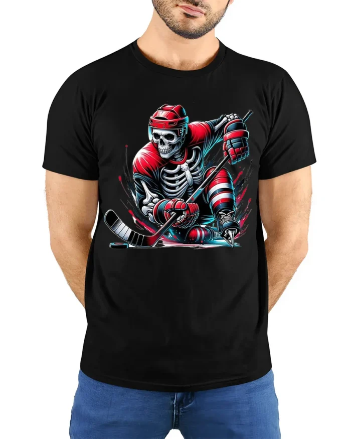 Skeleton Hockey Player Red Uniform Graphic T-Shirt - model wearing black shirt, hands behind back