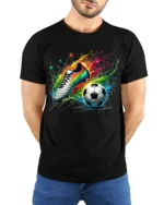 Colorful Soccer Shoe and Ball Splash Graphic T-Shirt - model wearing black shirt, hands behind back