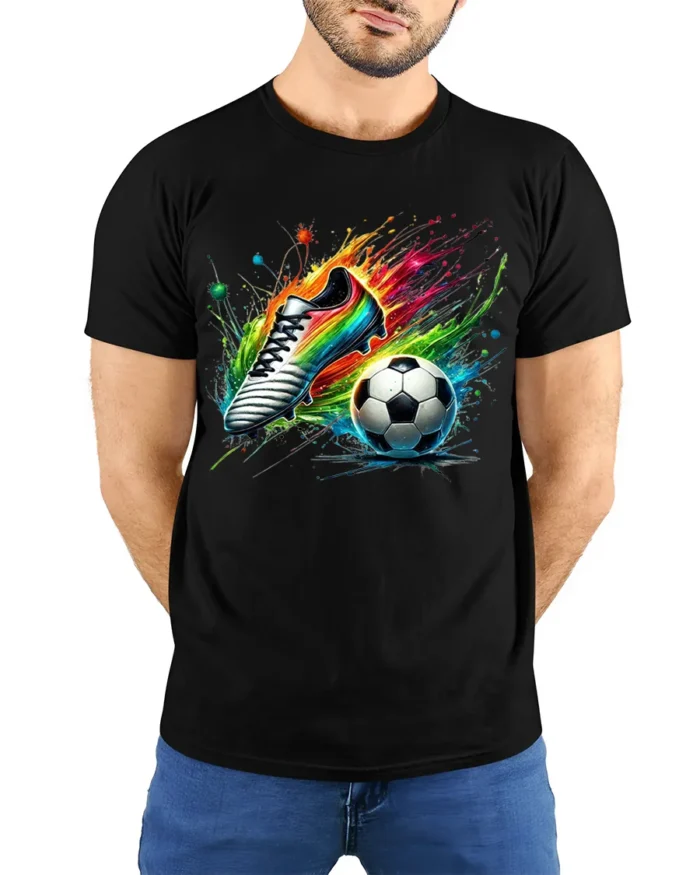 Colorful Soccer Shoe and Ball Splash Graphic T-Shirt - model wearing black shirt, hands behind back