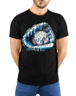 Ice Cream Baseball Glove and Ball Funny T-Shirt - model wearing black shirt, hands behind back
