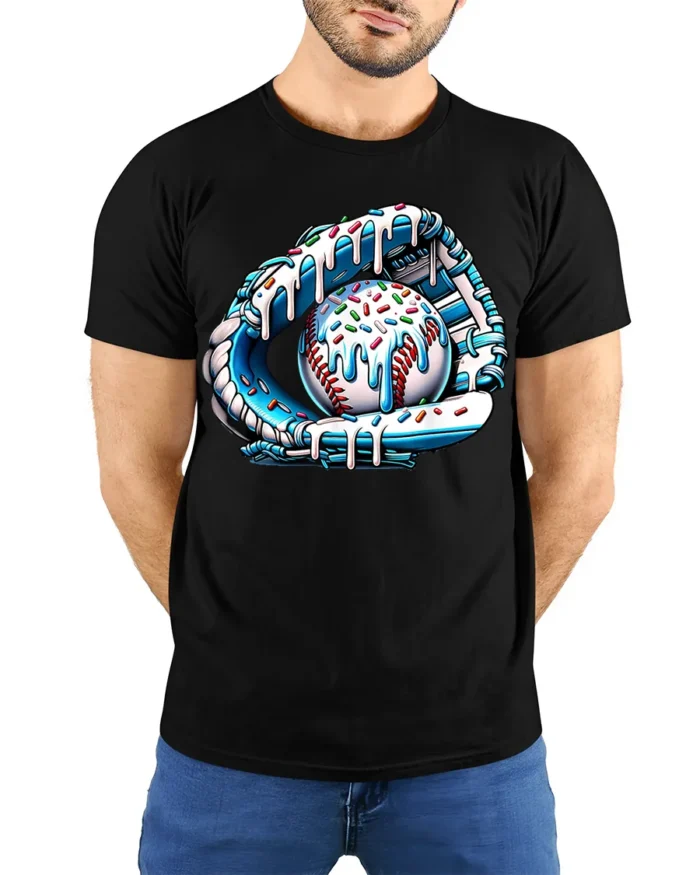 Ice Cream Baseball Glove and Ball Funny T-Shirt - model wearing black shirt, hands behind back