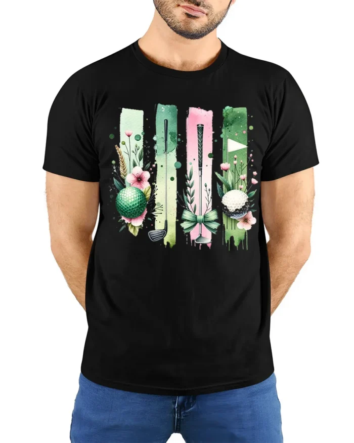 Floral Golf Ball and Club Art Graphic T-Shirt - model wearing black shirt, hands behind back