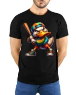 Cool Cartoon Duck Baseball Bat Graphic T-Shirt - model wearing black shirt, hands behind back