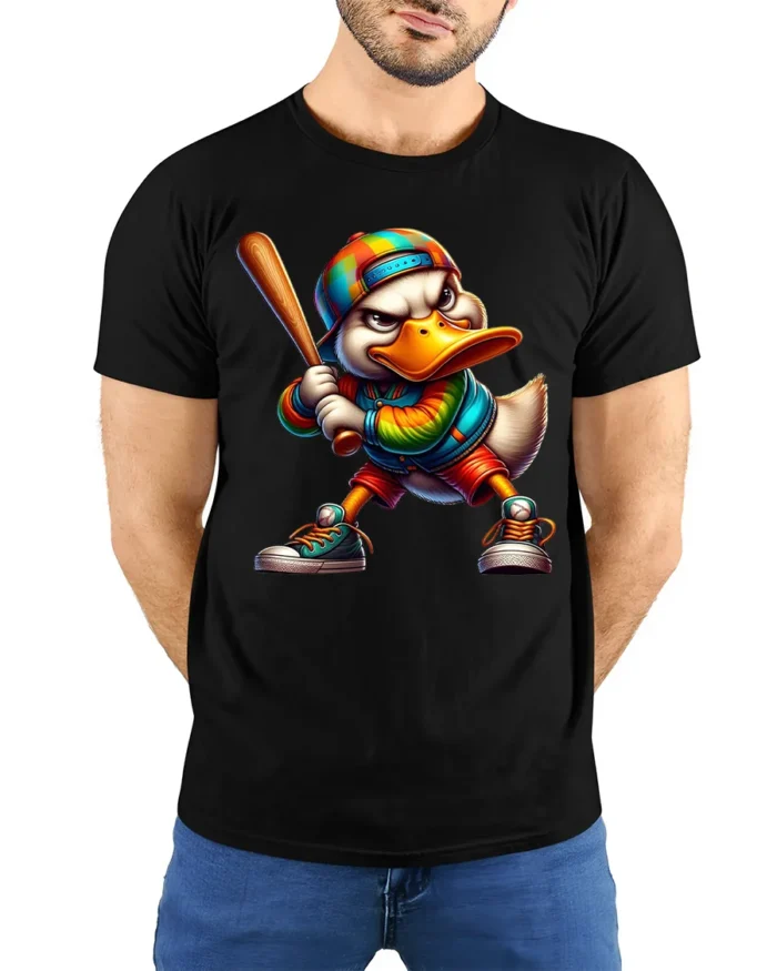 Cool Cartoon Duck Baseball Bat Graphic T-Shirt - model wearing black shirt, hands behind back