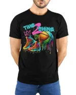 Colorful Basketball Shoes and Ball Graphic T-Shirt - model wearing black shirt, hands behind back