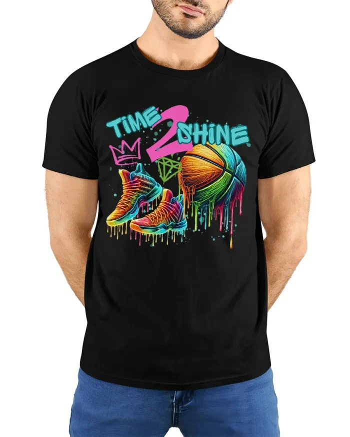 Colorful Basketball Shoes and Ball Graphic T-Shirt - model wearing black shirt, hands behind back