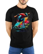 Colorful Skateboard Trick Splash Art Graphic T-Shirt - model wearing black shirt, hands behind back