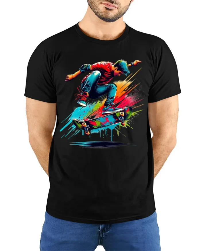 Colorful Skateboard Trick Splash Art Graphic T-Shirt - model wearing black shirt, hands behind back