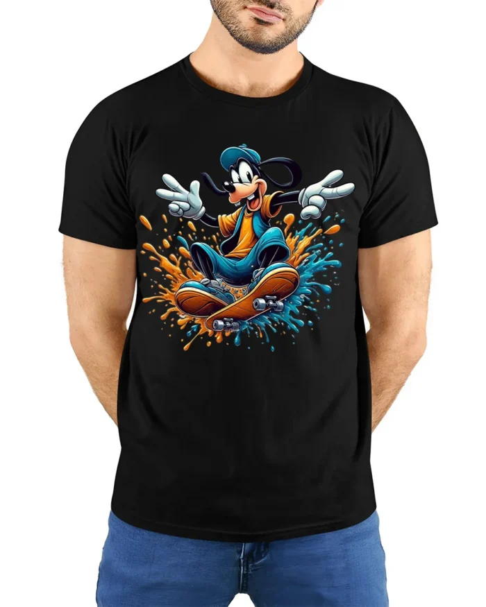 Cool Cartoon Dog Skateboard Splash Graphic T-Shirt - model wearing black shirt, hands behind back
