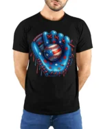 Patriotic Baseball Glove and Ball Graphic T-Shirt - model wearing black shirt, hands behind back
